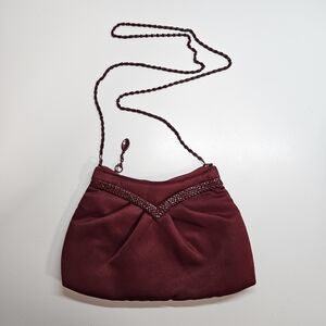VINTAGE Elegant Burgundy Metal Mesh Trim Evening Clutch Shoulder Bag